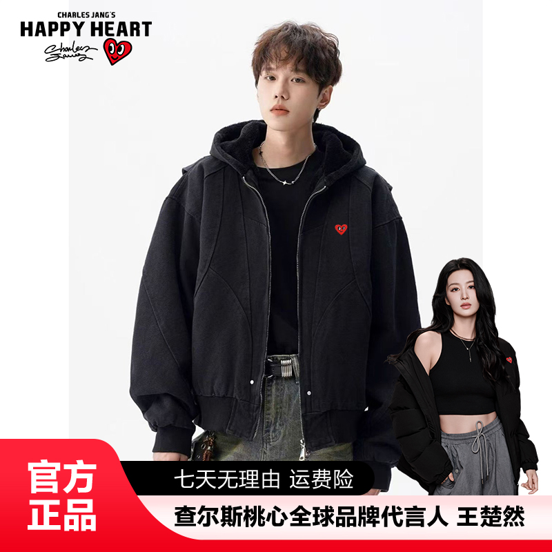查尔斯桃心 韩风潮流夹克男女同款秋冬宽松复古风加绒保暖外套