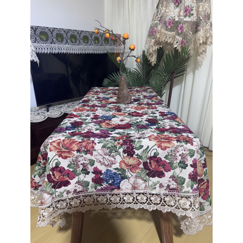 ZN102-27棉麻交织布【160*220】米白色百花齐放水溶边桌布茶几布莫