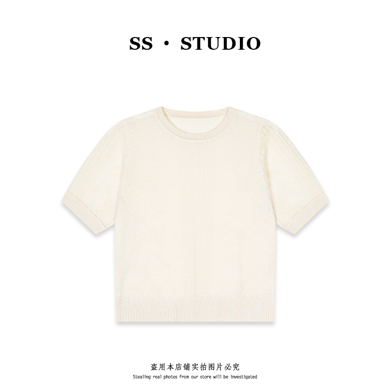 【SUSU】时尚气质镂空提花圆领针织衫夏季轻薄透气短袖上衣SS-5567