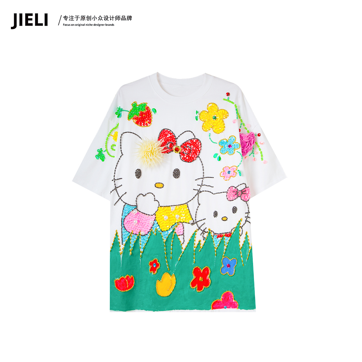 JIE LI/街力设计感小众减龄百搭kitty白色短袖T恤女Q8268