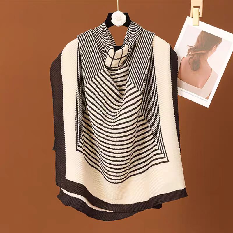 【 双绉  黑白条纹70*160长巾】百搭高级丝巾洋气时尚百搭9月