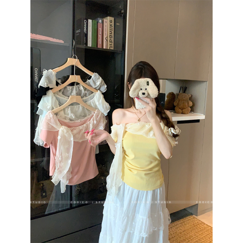 【佳佳】设计感小众一字肩短袖t恤女秋季露肩辣妹风短款修身上衣