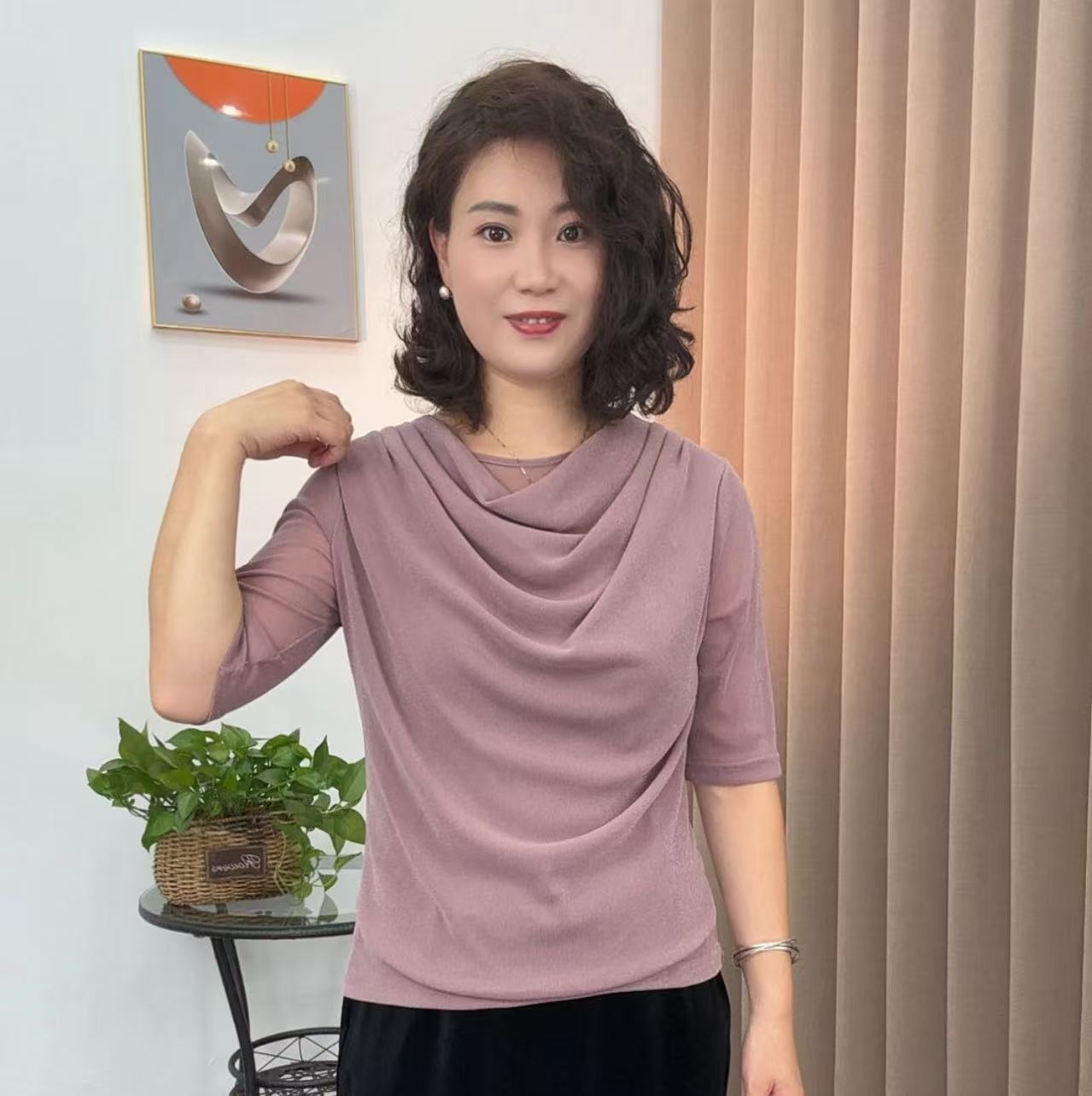 2025秋新款气质显瘦妈妈装弹力网纱小衫女士百搭减龄洋气长袖上衣