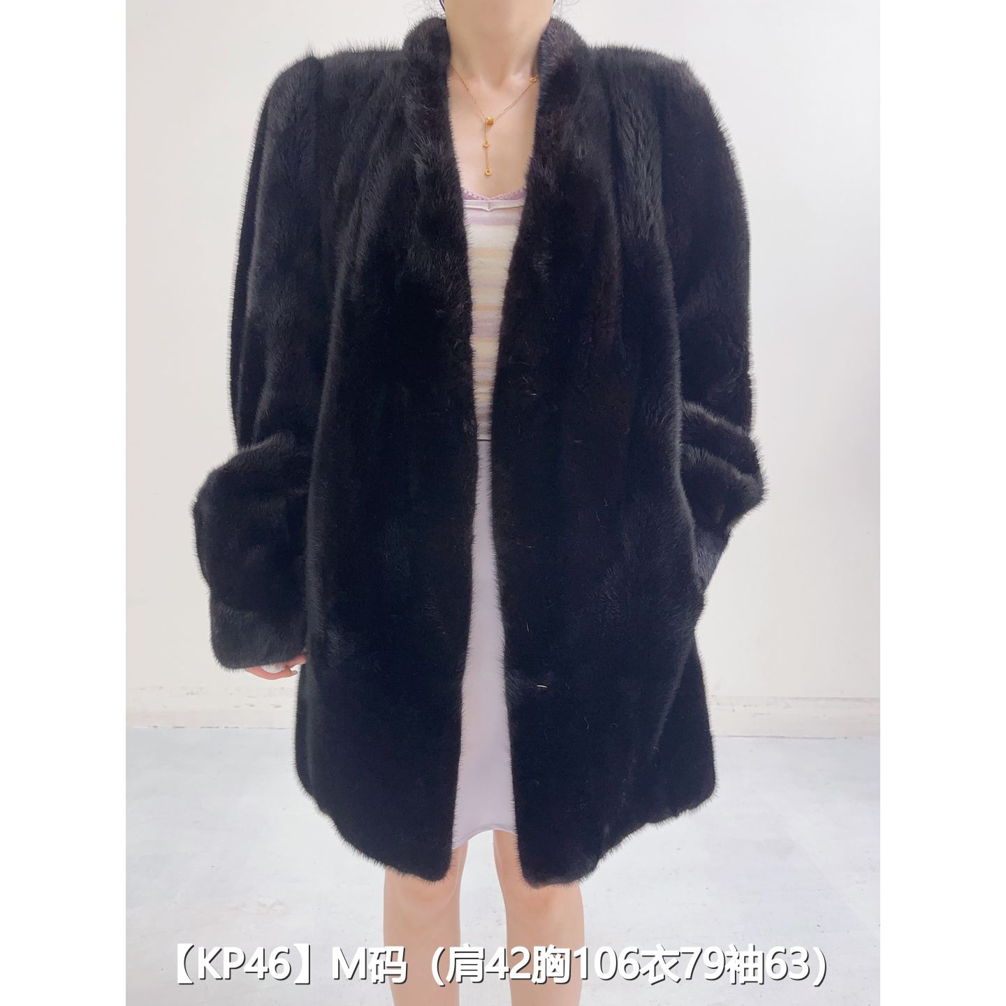 【KP46】M 红黑色中长款逆毛貂皮水貂大衣女 V领泡泡袖 38046