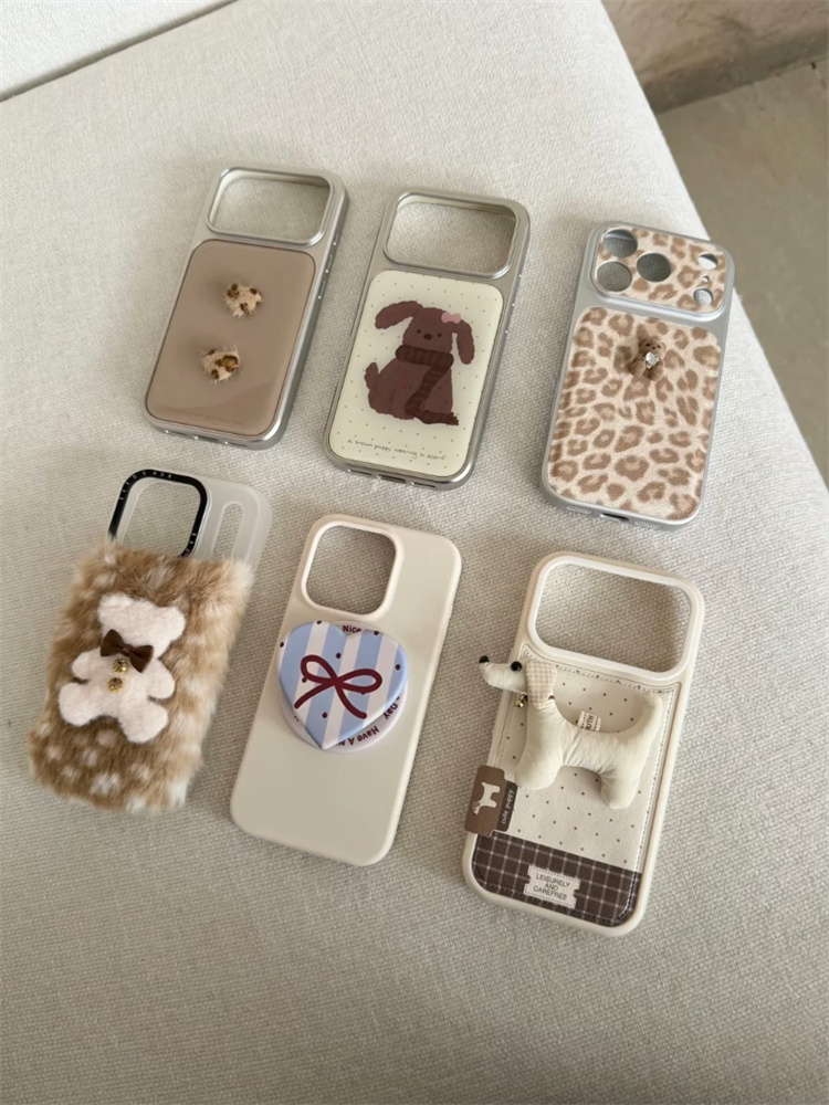 小众波点小狗豹纹毛绒小熊适用iPhone17promax手机壳苹果16pro新