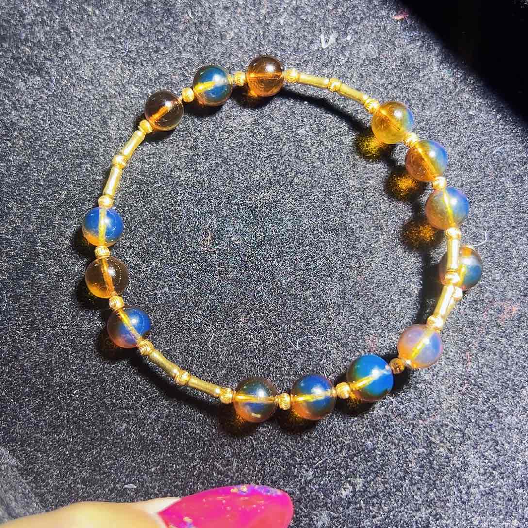 蓝珀珠宝奇石银S925镶嵌红蓝7.5diy手镯串