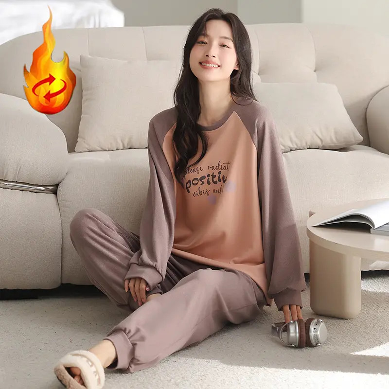 (加厚加绒）卡通字母新款秋冬睡衣女冬加厚长袖保暖家居服套装