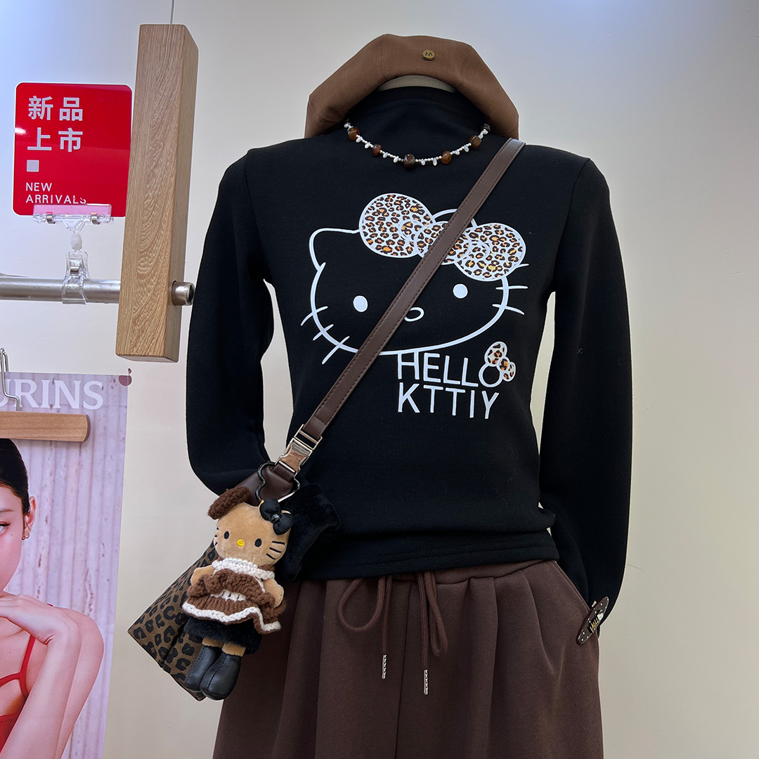 韩国东大门冬季新款半高领加绒卡通豹纹kitty印花长袖显瘦上衣