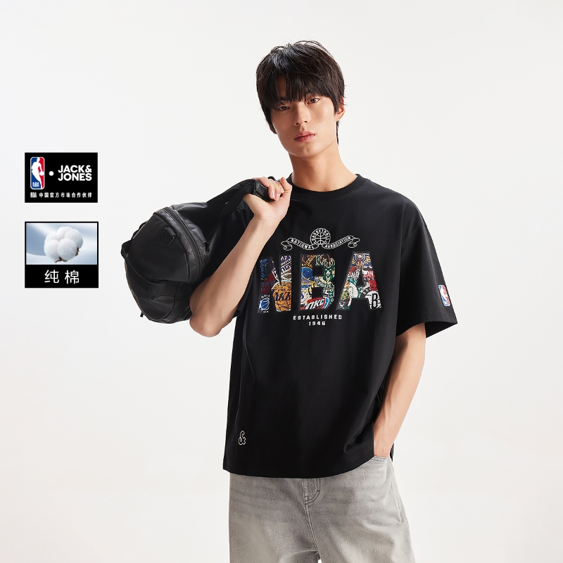 【NBA联名】杰克琼斯夏季短袖T恤黑色2026新款纯棉宽松美式男T恤