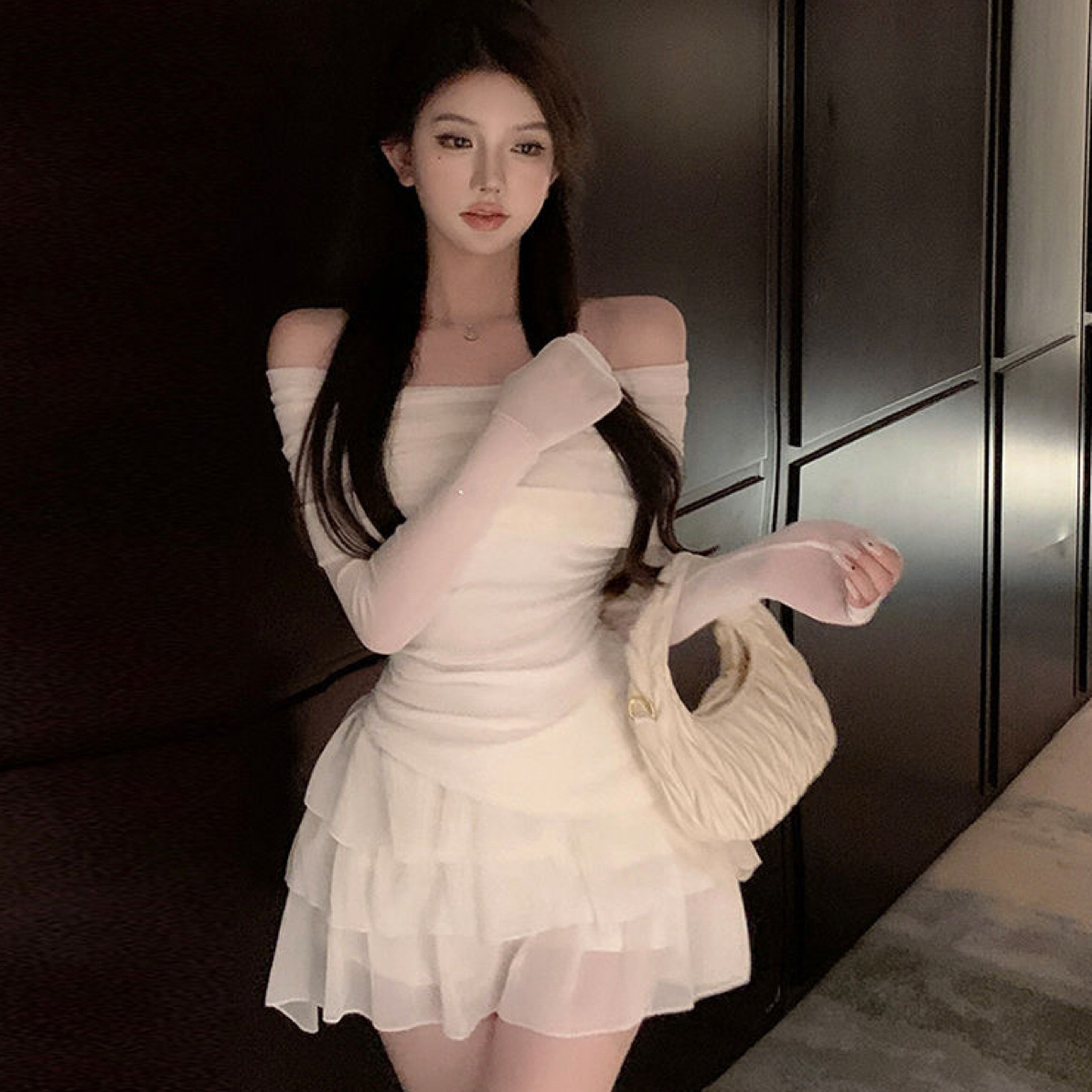 纯欲辣妹露肩修身上衣搭配高腰蛋糕半身裙秋夏套装
