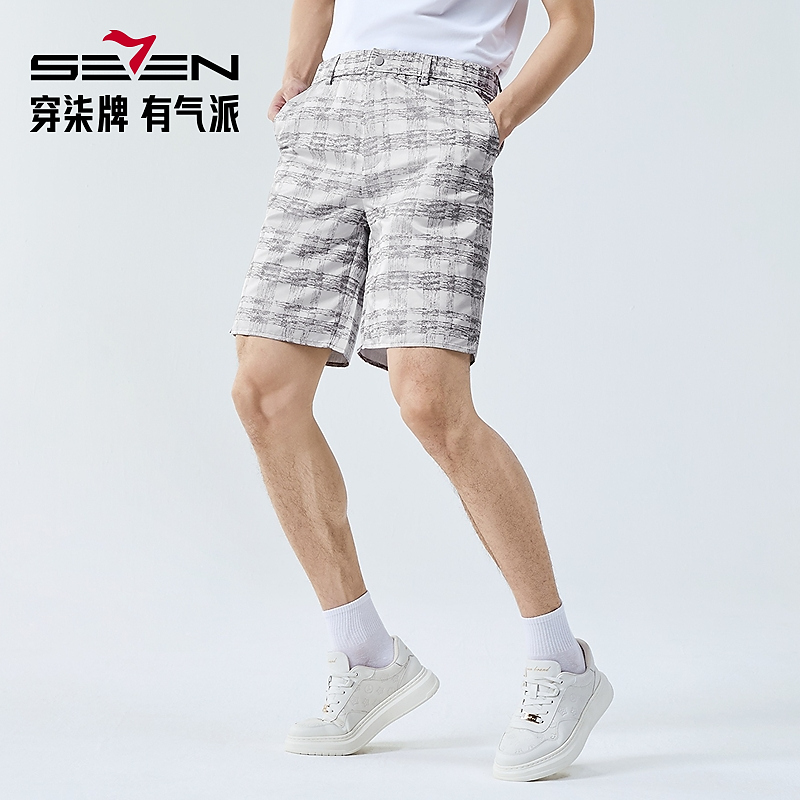 柒牌男款2025休闲短裤夏季新款舒适时尚薄款潮流格纹提花直筒裤