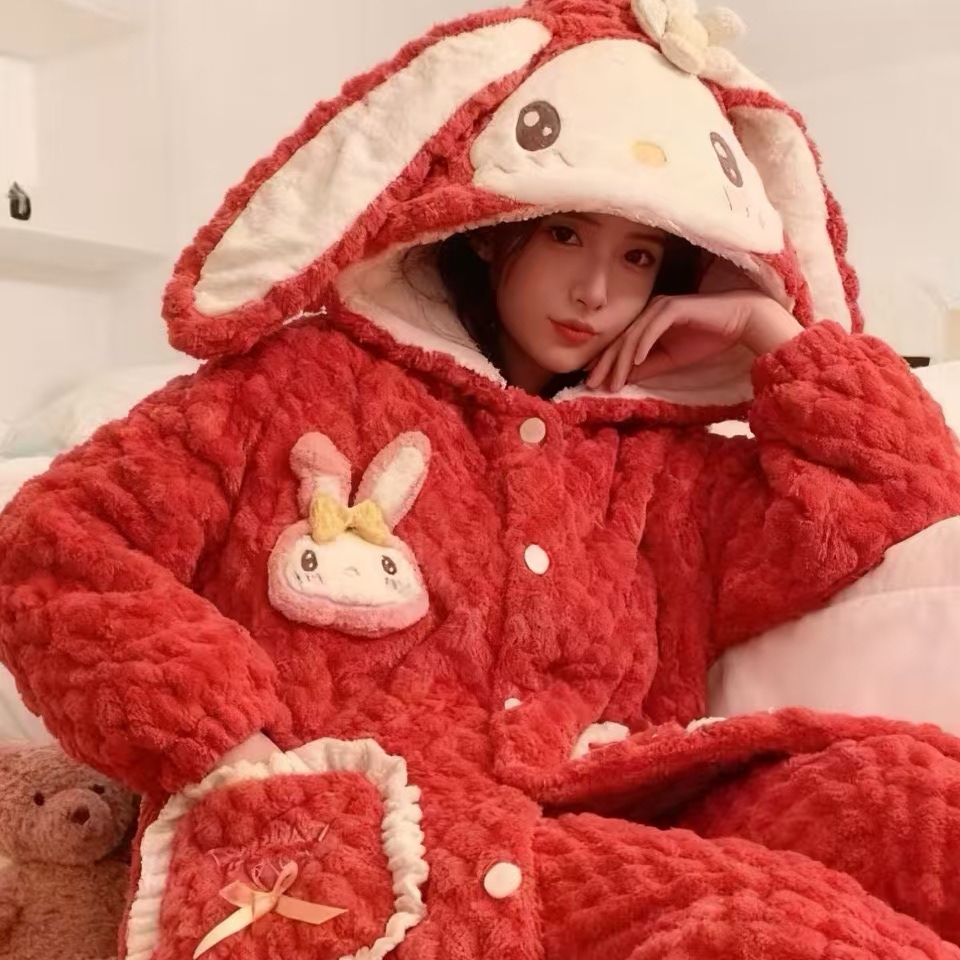 【温柔小兔】冬季新款时尚洋气家居睡衣三层夹棉加厚套装女