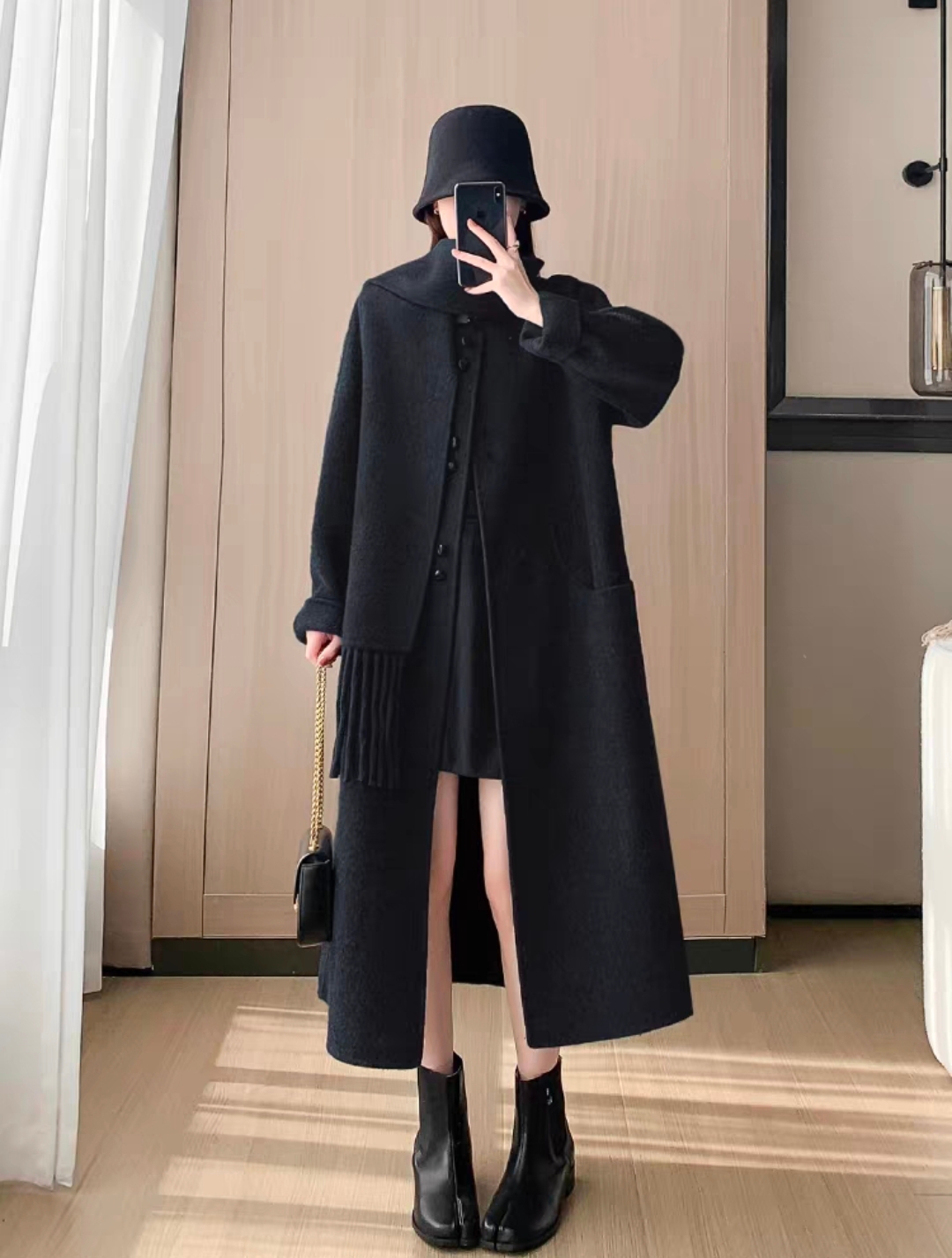 赫本风女士流苏围巾中长款羊毛大衣089