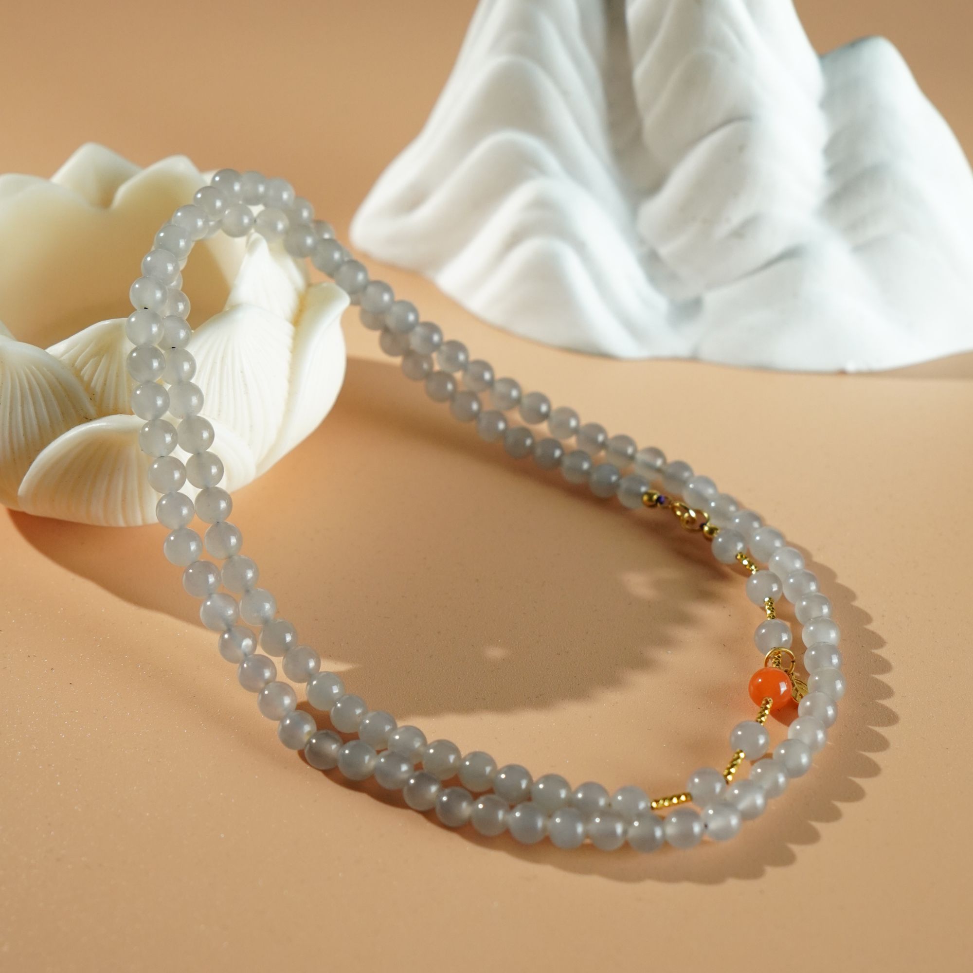 约5-6mm和田玉烟紫圆珠搭南红圆珠DIY项链