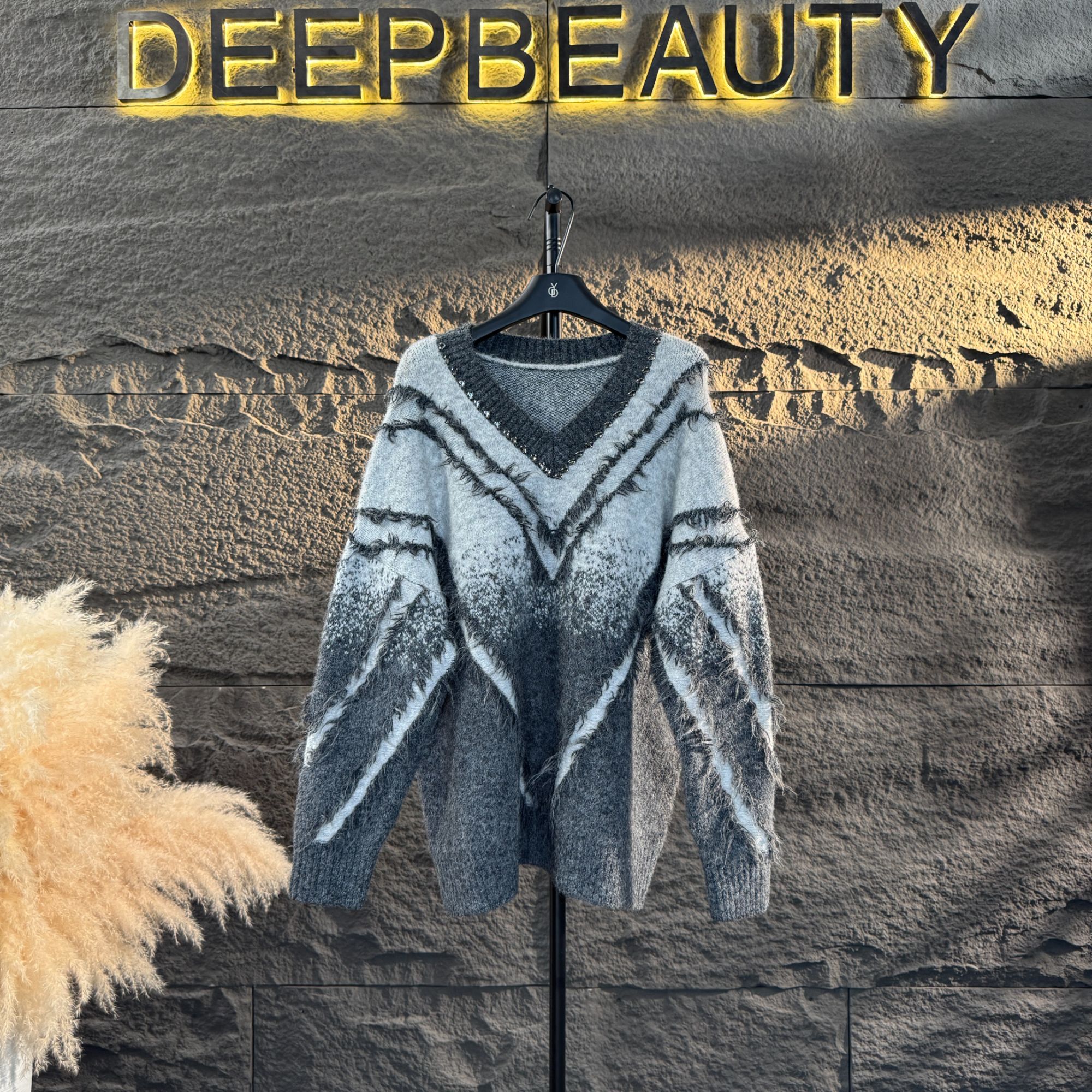 秋冬新款针织毛衣渐变灰大码显瘦时尚百搭长袖1084