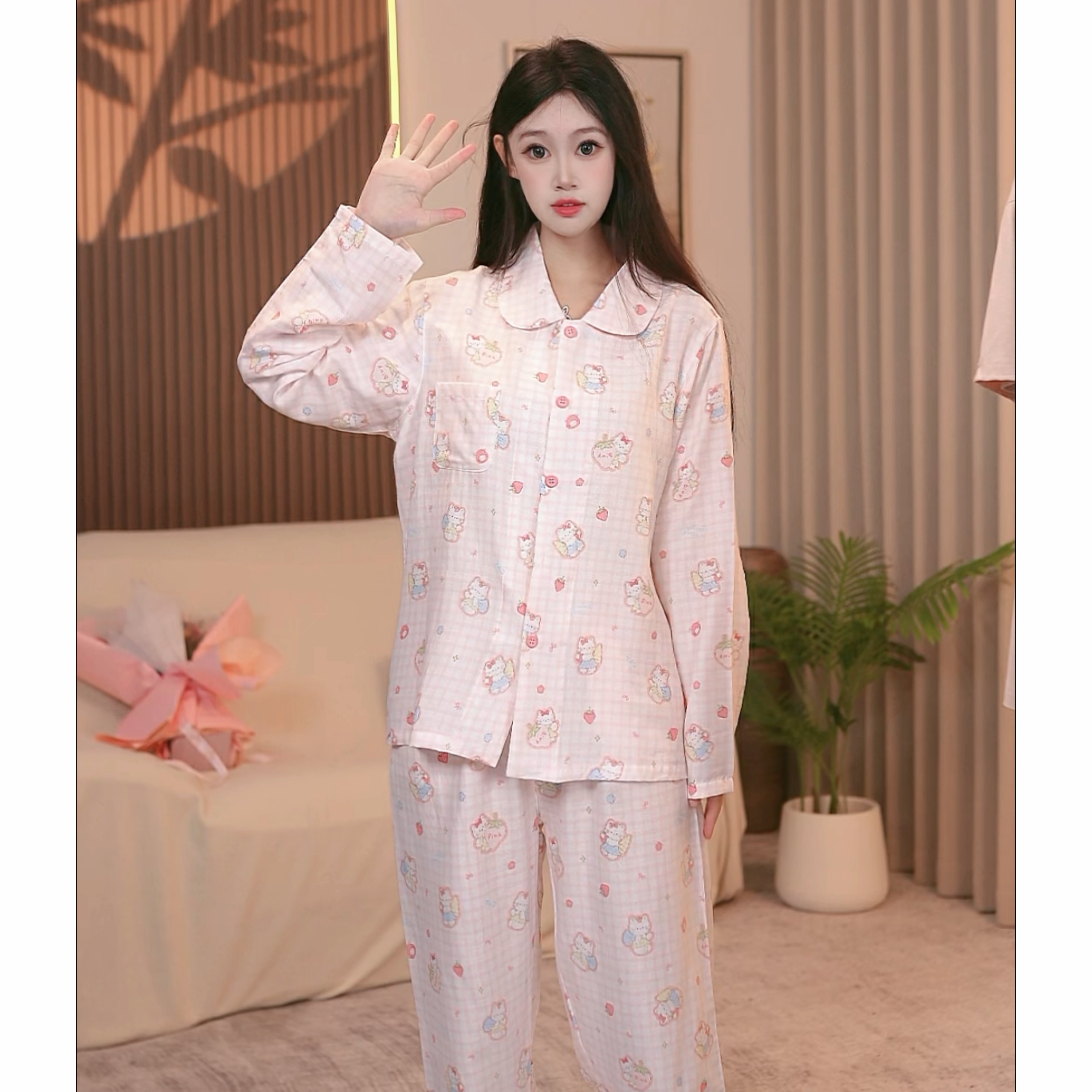 【KT小猫】春秋季纯棉舒适秋冬女士甜美睡衣家居服套装AFF