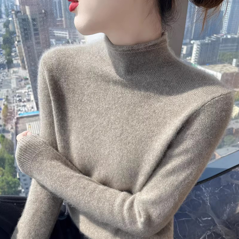 100纯羊毛衫女士半高领秋冬新款长袖纯色加厚毛衣宽松羊绒打底衫