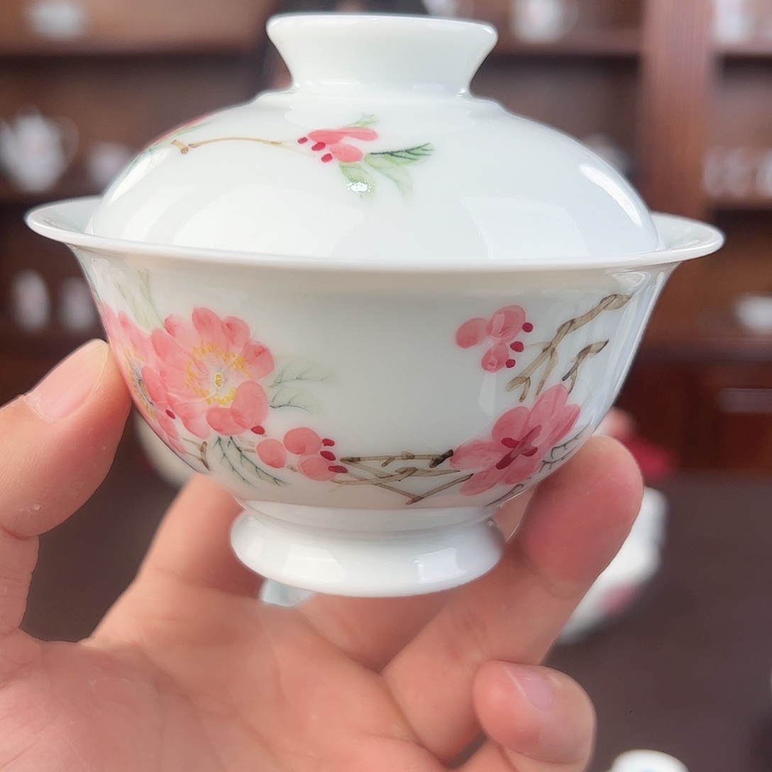 瓷釉下水点桃花两才盖碗微瑕开片