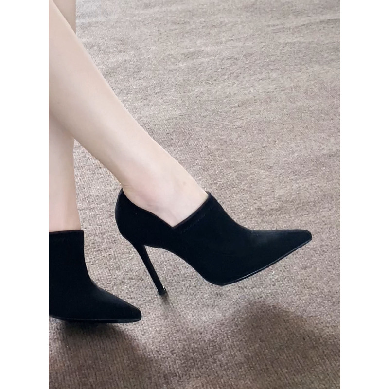 La'ureltree 拼接设计高跟鞋单靴子细跟深口鞋秋冬新款弹力及踝靴