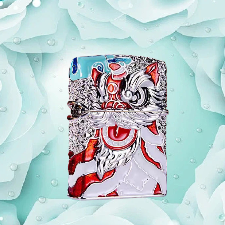 无底刻盔甲珐琅彩醒狮 银 防风打火机送男士无油D