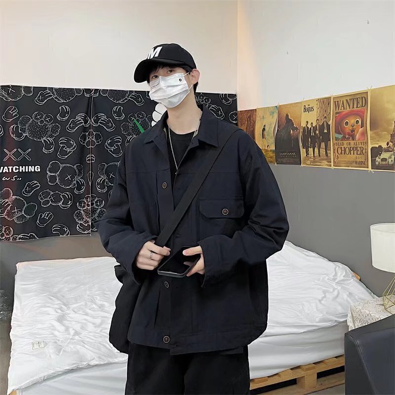 7340春秋季复古夹克男士日系休闲纯色简约宽松百搭长袖外