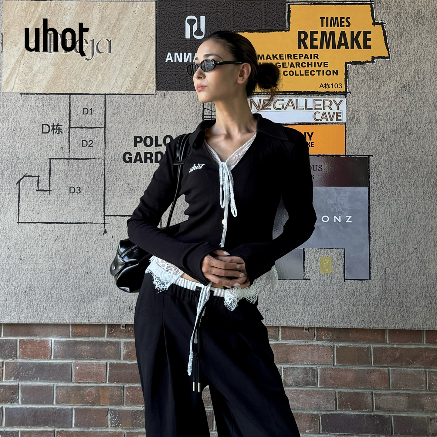 UHOT 显瘦长袖针织时尚修身假两件拼接蕾丝翻领T恤UWWA3N687M