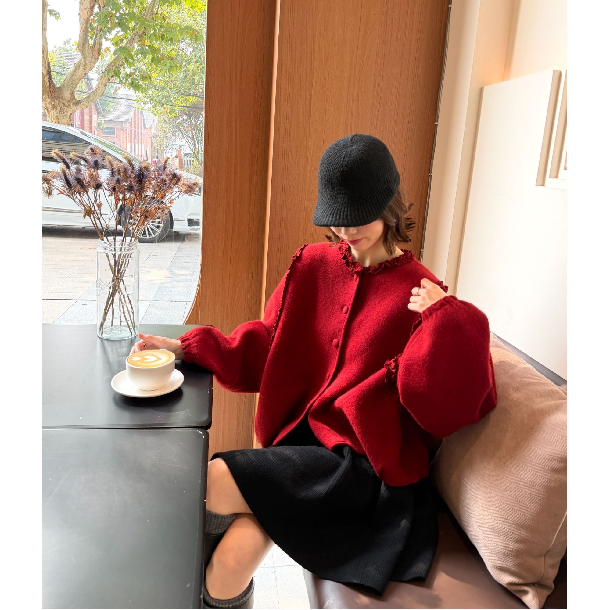 少量现【薇薇绮】高级感兔绒羊毛上衣拼接木耳领单排扣上衣 E484