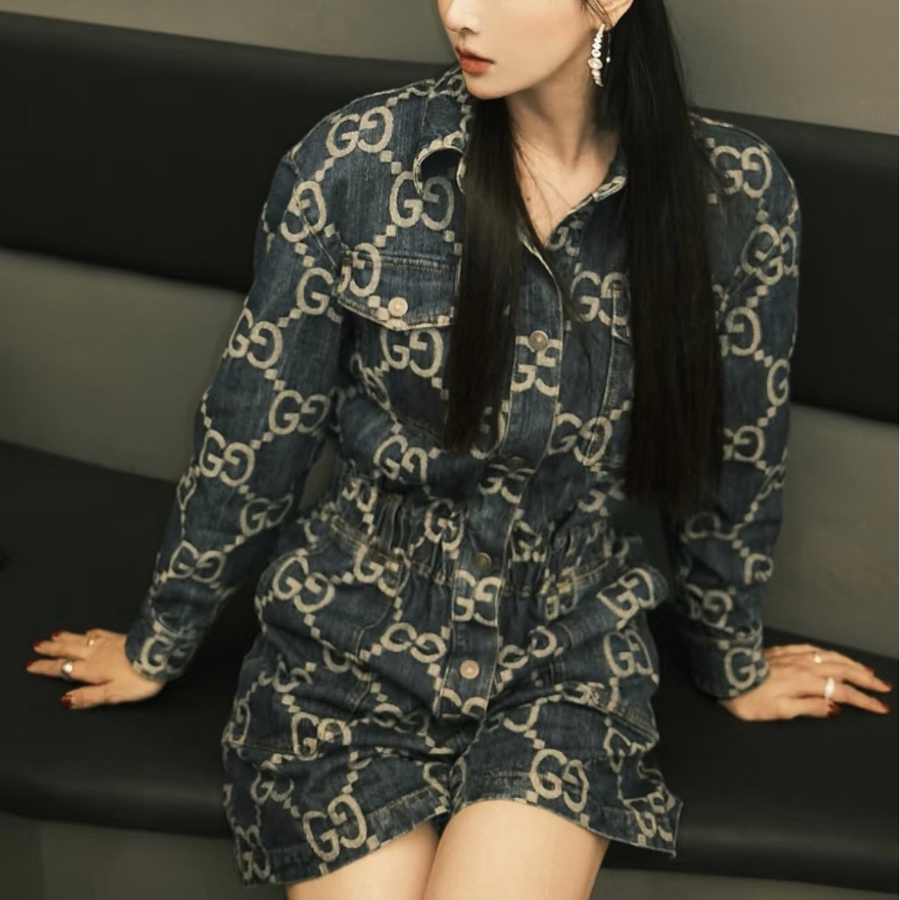 99新 GUCCI/古驰 玄色 蓝色满印牛仔连体裤 42码 99新