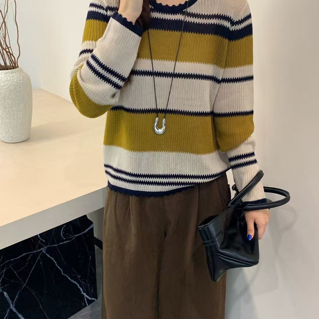 【日落黄】春秋款简约百搭条纹针织衫女上衣