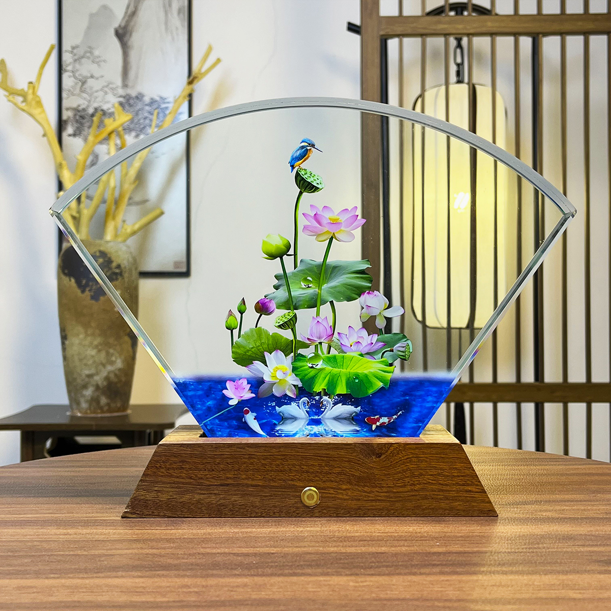 【荷花】扇形发光水晶摆件装饰品生日礼物玄关客厅电视柜精美艺术品