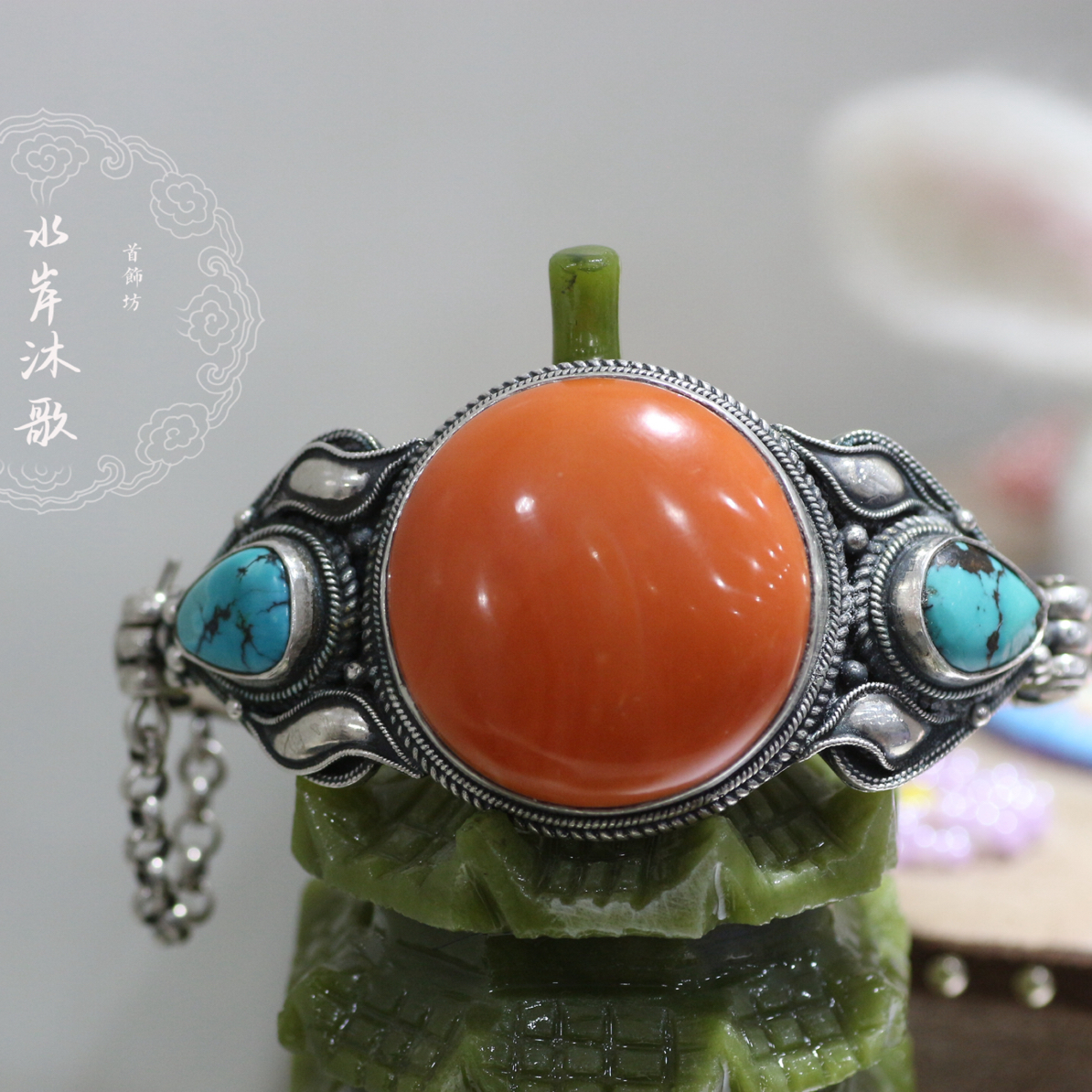 足银手镯 老旭日乌尤原创设计蒙古元素手工纯银大手镯18000