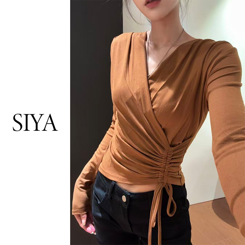 【SIYA】 通勤不对称V领小众打底时尚修身收腰型法式性感褶皱长袖