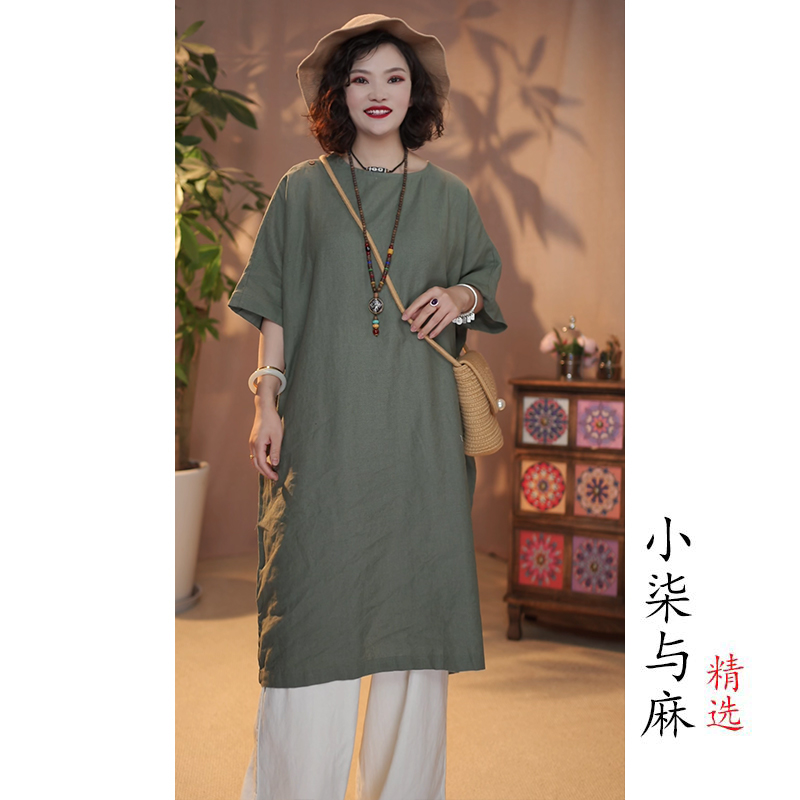 【小柒与麻】（衣长98胸围150）100%高定雨露汉麻肩部2粒扣短袖裙袍