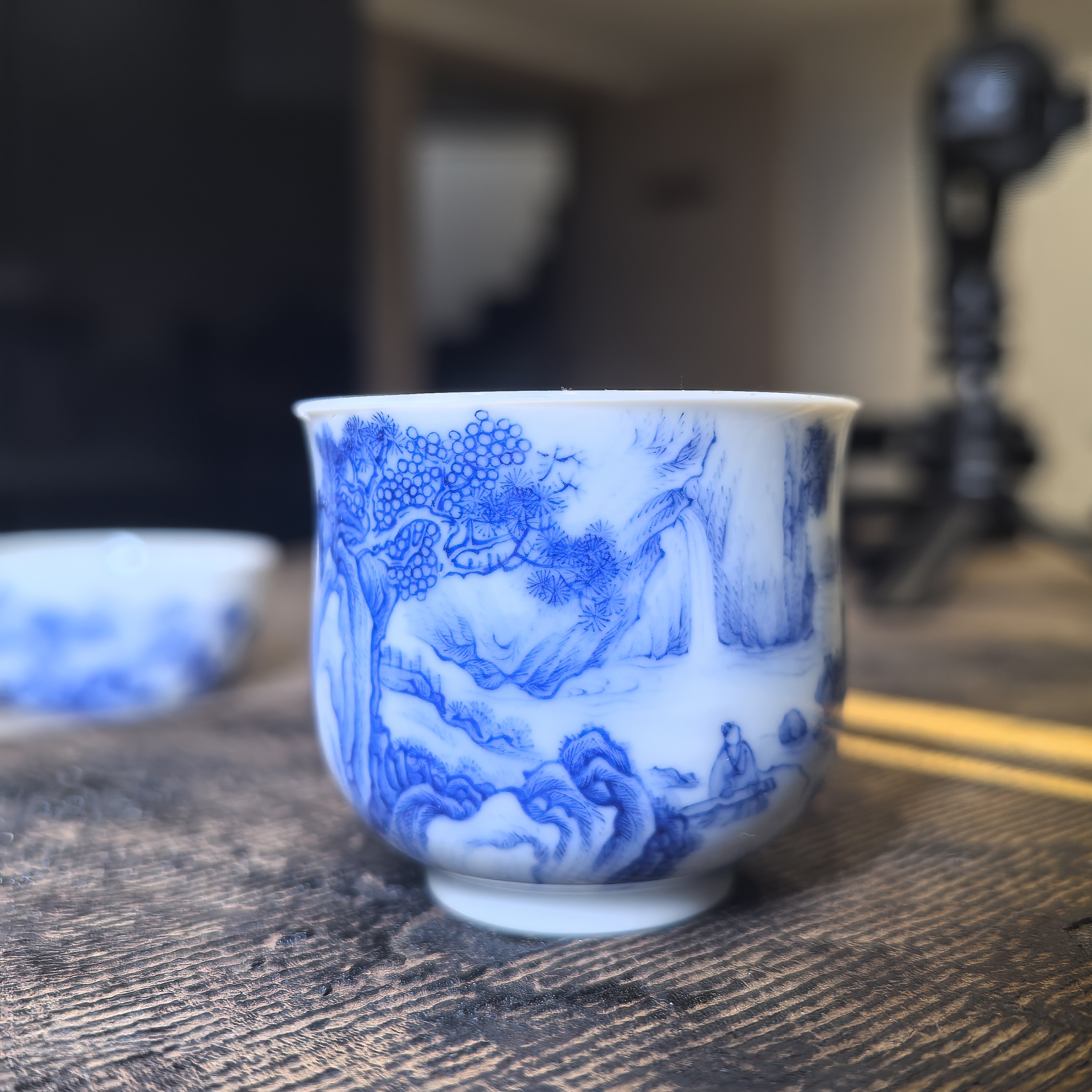 元煦窑山水青花大肚功夫品茗茶杯主人杯陶瓷九段烧