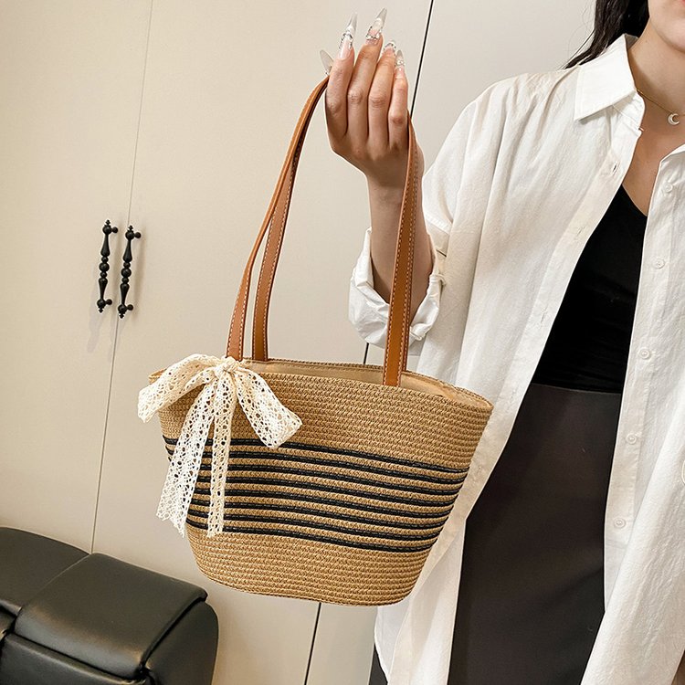 编织草编包2025夏季新款通勤大容量条纹单肩百搭时尚沙滩包包女士