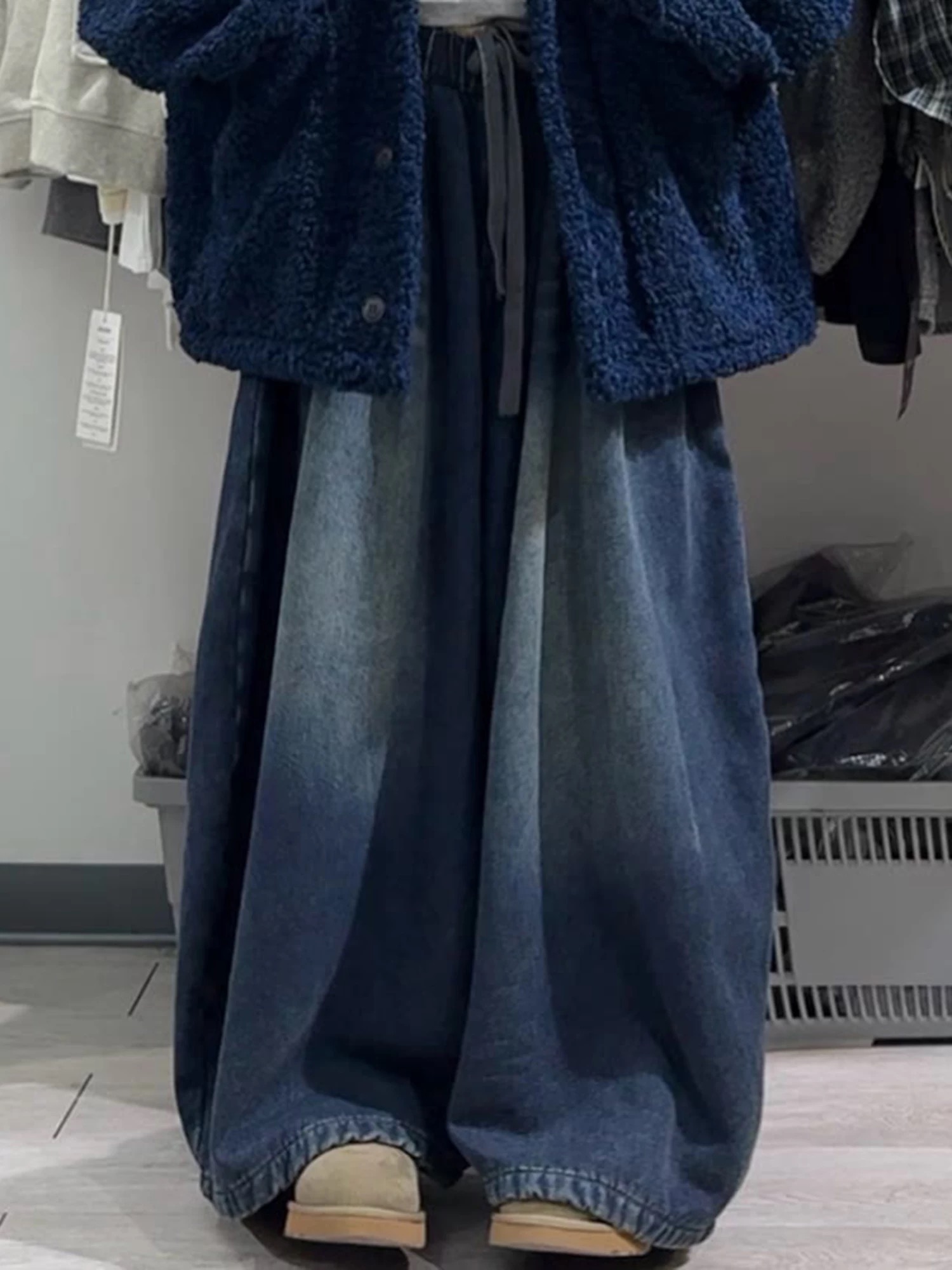 “大个子款”冬季加绒加厚日系复古水洗做旧弯刀牛仔裤休闲裤