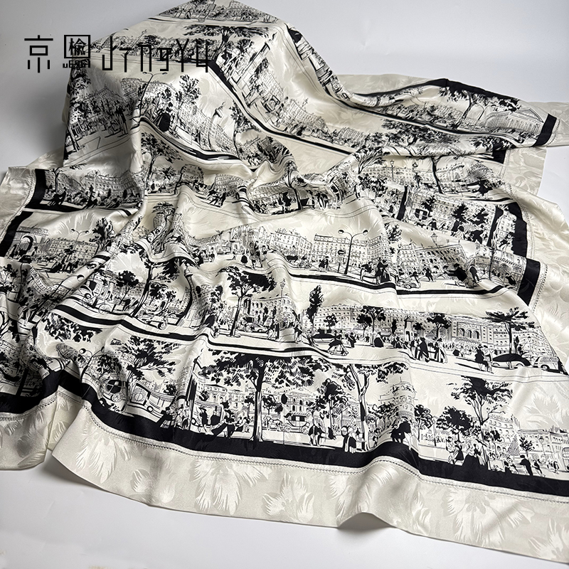 京榆 丨巴黎林荫大道丨100%桑蚕丝20姆米花萝大方巾丝巾100*100cm