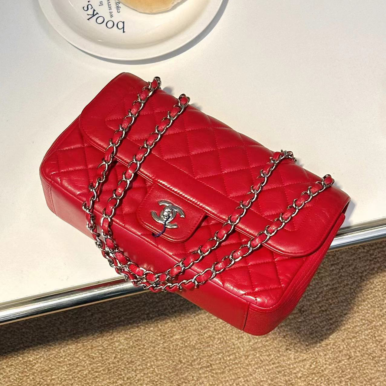 95新 Chanel/香奈儿 大红色cf皮穿链单肩腋下包