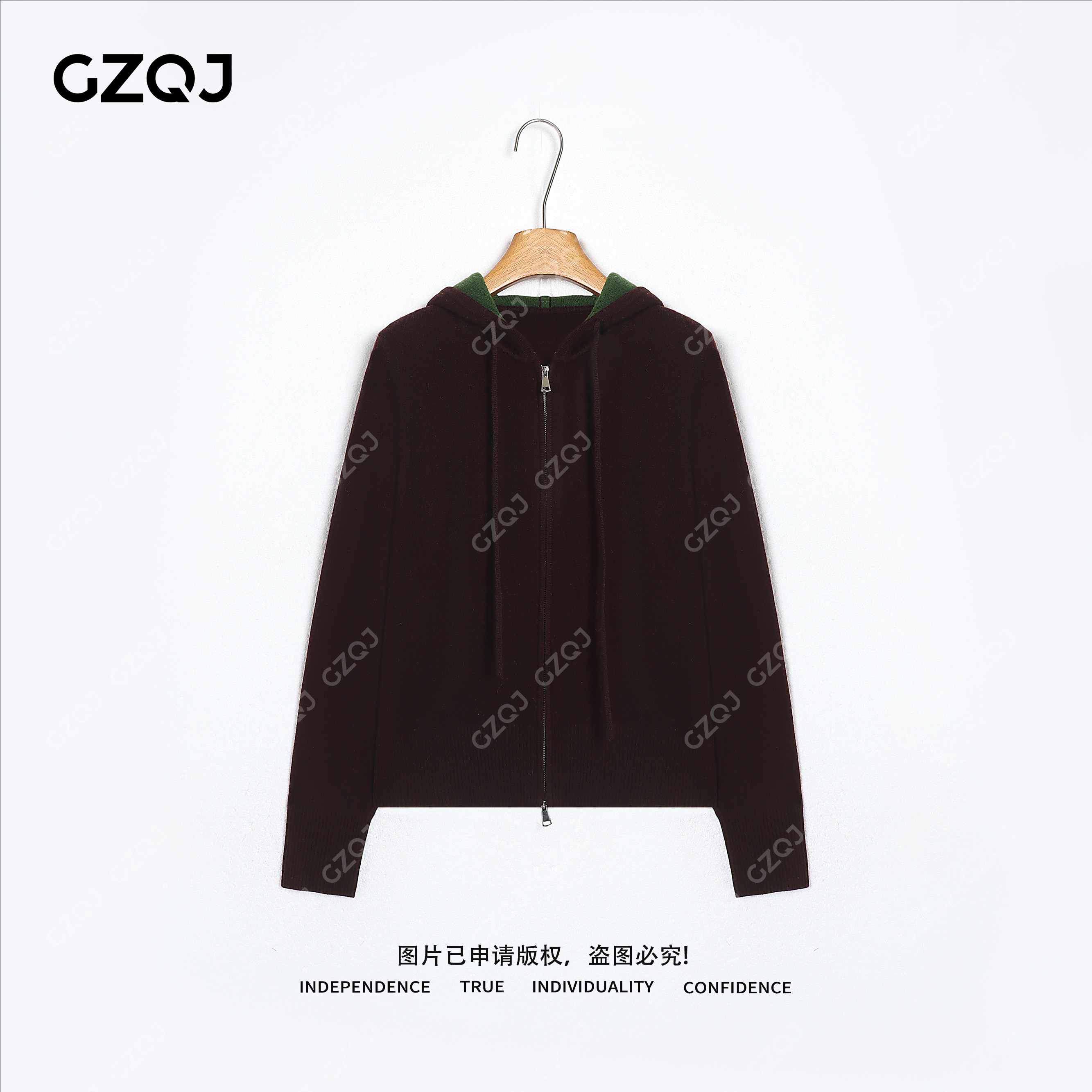 老琴私服【松烟映苔】琥珀流光风100绵羊毛抽绳连帽毛衣女秋冬71178