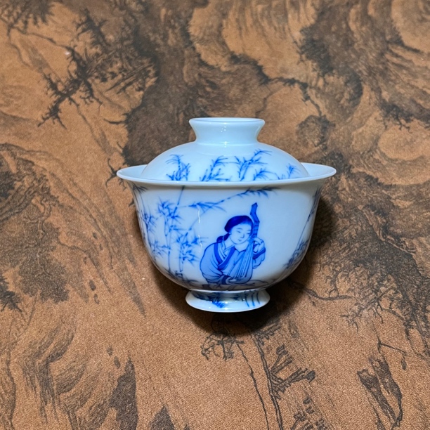 续真柴窑青花手绘竹影仕女宝宝盖碗（岩茶盖碗）