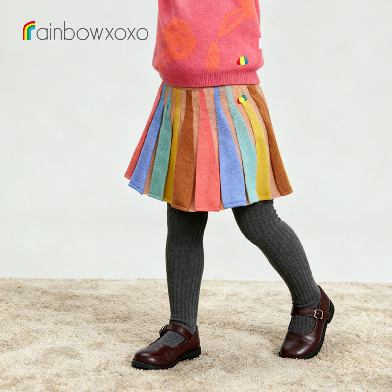 rainbowxoxo秋冬新品女童拼接条纹百褶裙半身短裙REIANA W-K4006K