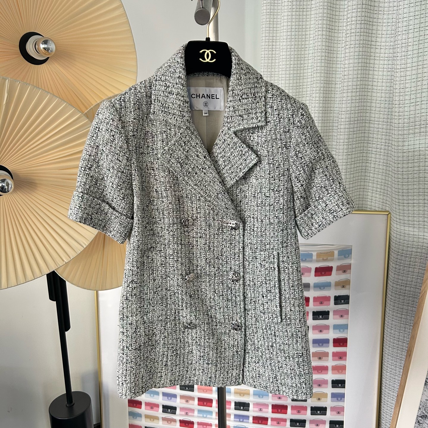99新 Chanel/香奈儿 16S灰白细闪翻领双排扣短袖外套34码
