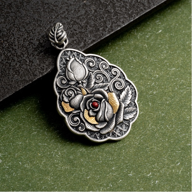 吊坠足银 玫瑰花吊坠丨纯手工錾刻金银错工艺国风设计约30g