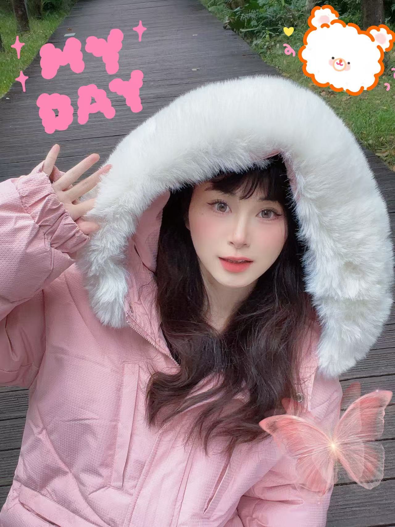 短款粉色法式保暖连帽宽松大毛领加厚连体拉链