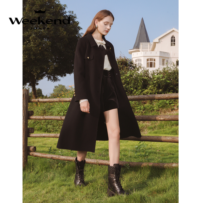 卓雅周末冬季优雅气质钻扣腰带绵羊毛中长款双面呢外套EJWDDM12