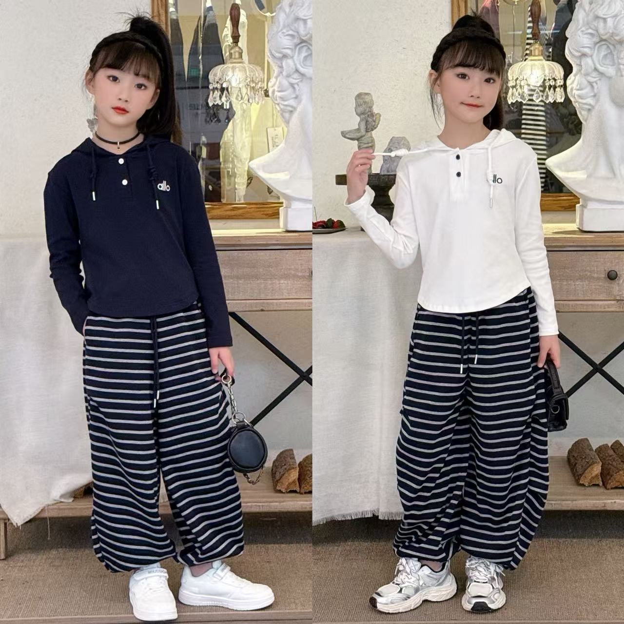 女童2025新款休闲套装秋装洋气中大儿童连帽卫衣条纹弯刀裤两件套