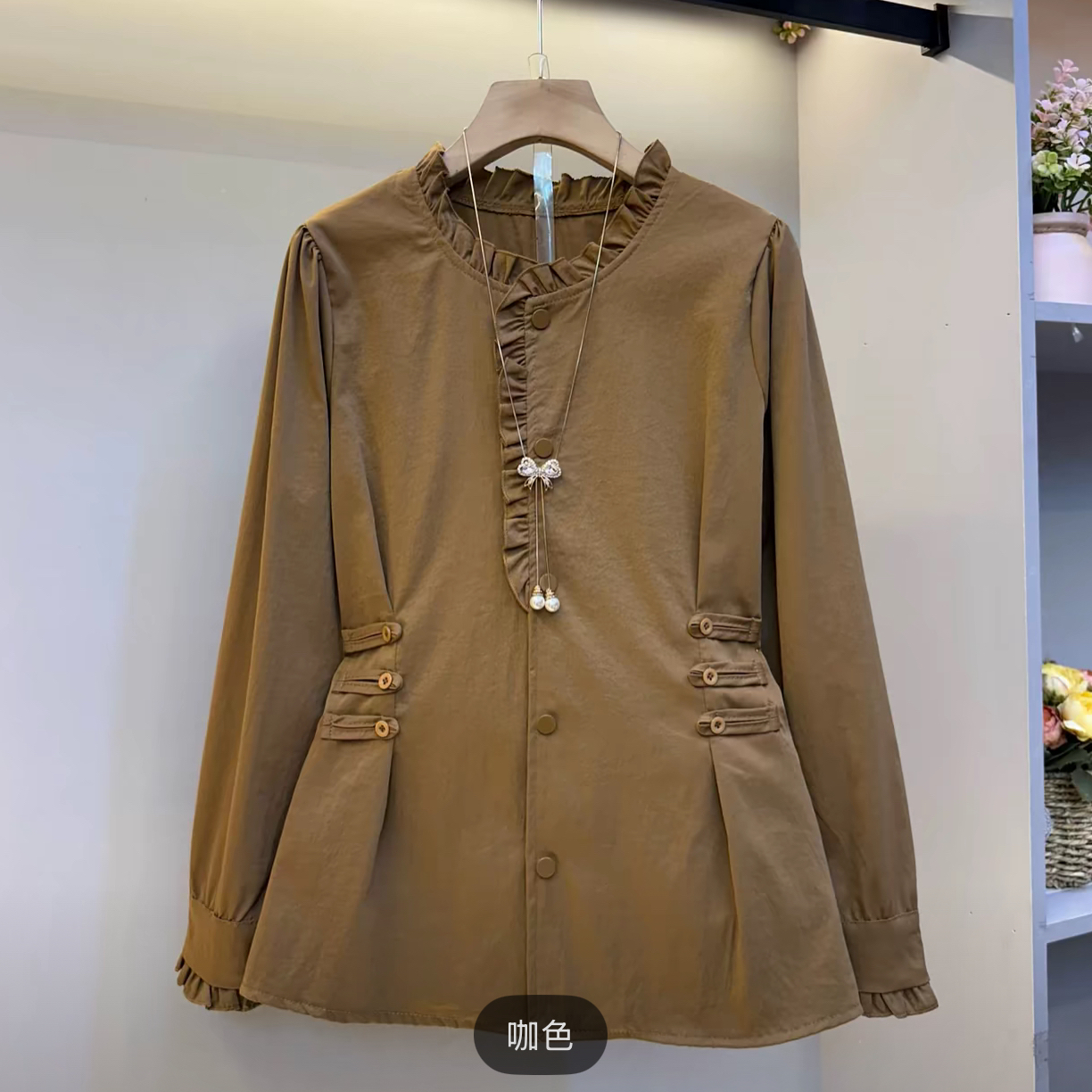 胖胖家*7959新款收腰百搭显瘦花边衬衫