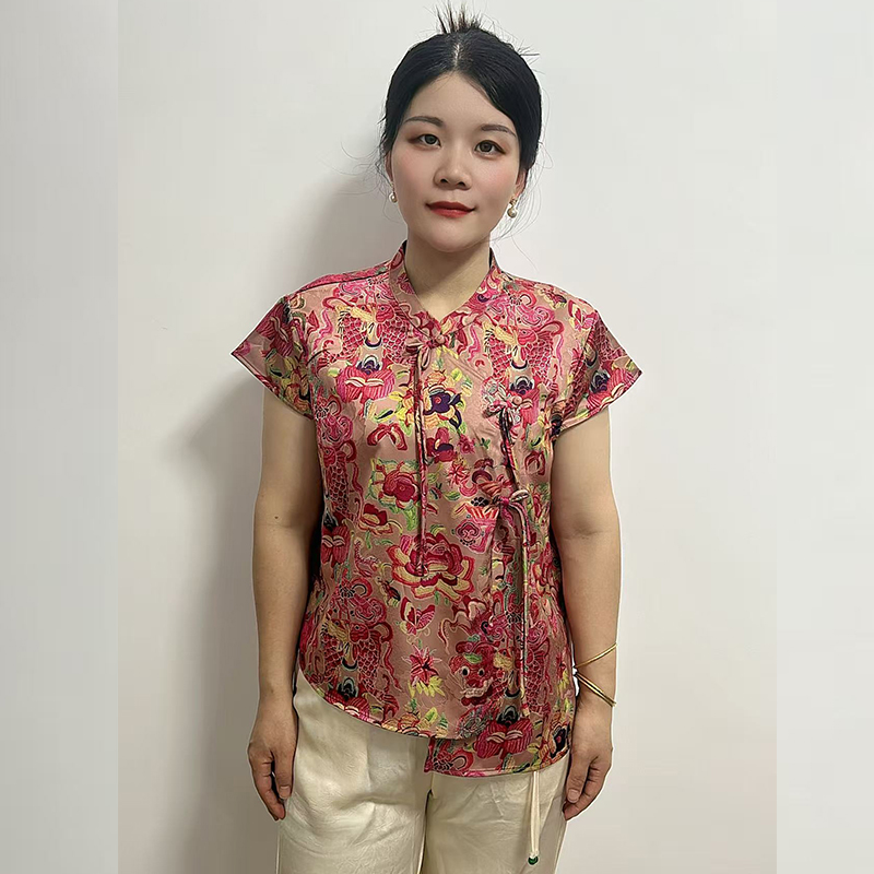 印花短袖中式花朵立领夏季女衬衫复古民族风女装时尚妈妈装打底衫