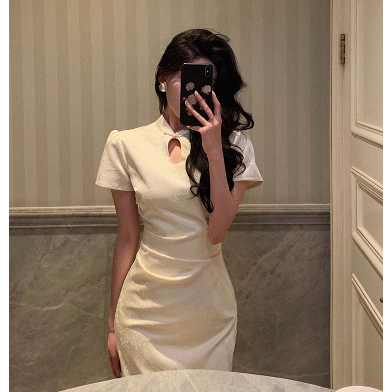 503新中式缎面旗袍连衣裙女2024夏季新款高级感提花收腰长裙3711