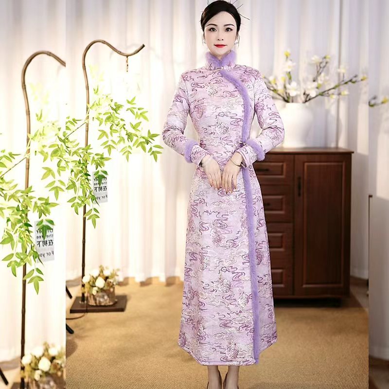 [Feel588]新款高端提花复古长袖中国风加绒加厚冬款旗袍连衣裙